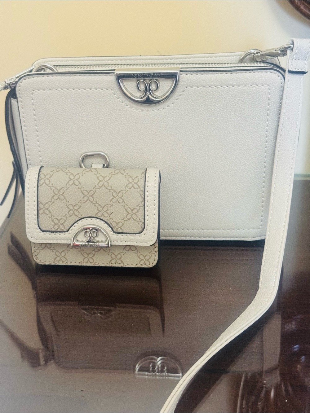 Nine West White Crossbody Bag with Free Beige Monogram Card Case